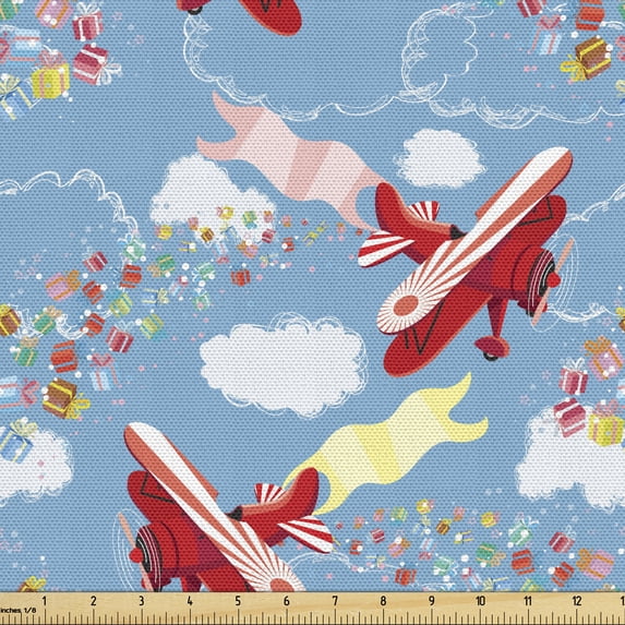 Ambesonne Airplane Fabric by the Yard Upholstery, Airships Present Boxes, 3 Yards, Multicolor