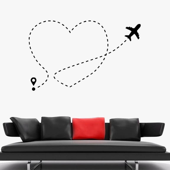 Airplane Wall Decal Love Heart Flight Path Romantic Journey Trip Vinyl Window Glass Sticker Bedroom Living Room Home Decor 57x35cm