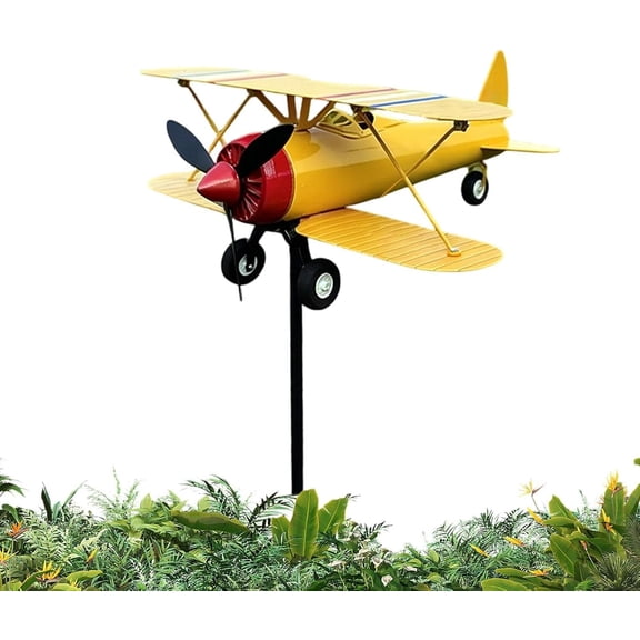 Airplane Weathervane Metal Wind Spinner for Garden, 3D Biplane Wind Sculpture with Spinning Propeller, Rustproof Outdoor Yard Art Decor, Weather-Resistant Wind Direction Indicator(yellow)Q