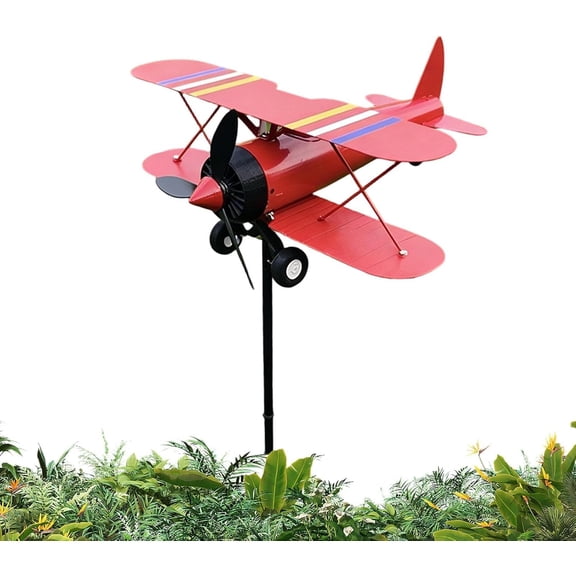 Airplane Weathervane Metal Wind Spinner for Garden, 3D Biplane Wind Sculpture with Spinning Propeller, Rustproof Outdoor Yard Art Decor, Weather-Resistant Wind Direction Indicator(red)Q