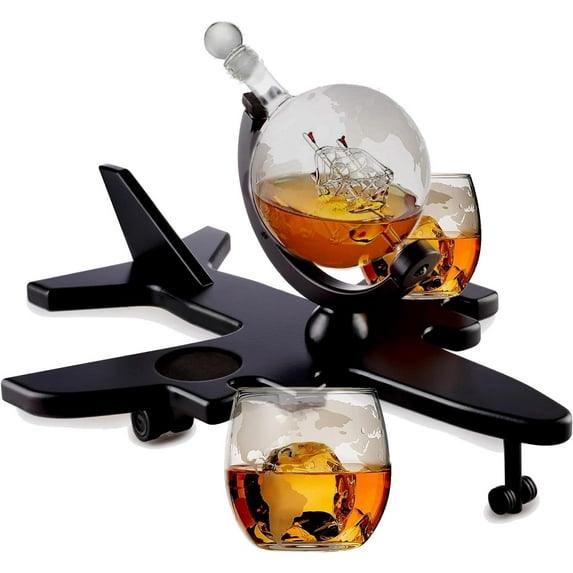 Airplane Whiskey Decanter Globe Gift Set - Bezrat - Home Bar Decor Liquor Globe Dispenser with 2 Scotch World Glasses on Mahogany Airplane Tray - Men Dad Boyfriend Husband Anniversary or Retirement