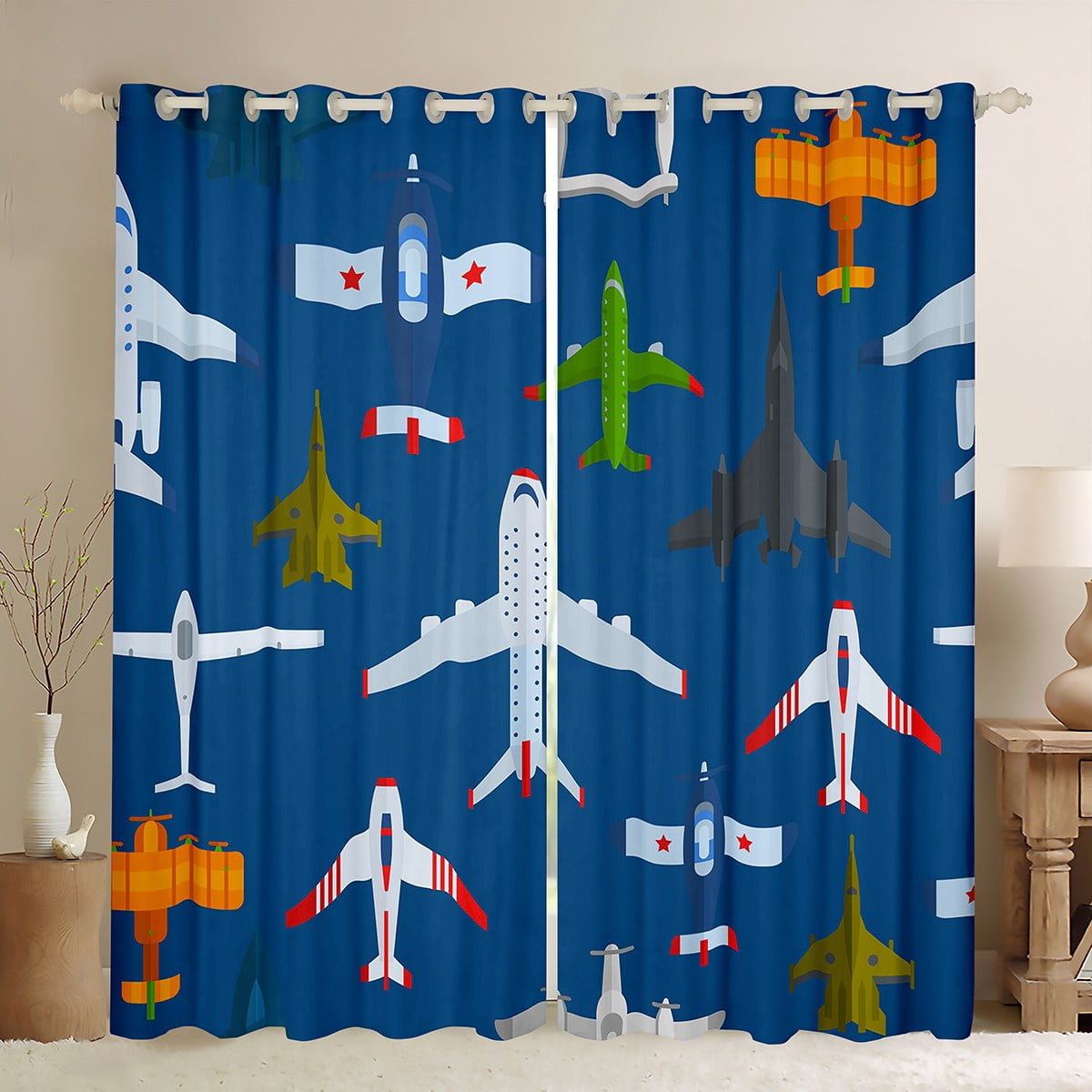 Airplane Window Curtains & Drapes for Kids Cartoon Aircraft Print ...