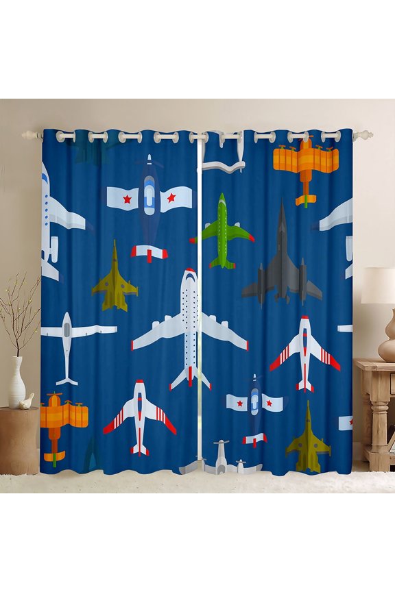 Airplane Window Curtains & Drapes Cartoon Aircraft Print Blackout Curtains 42"x84" Set of 2 Panels,Helicopter Flying Plane Curtains Navy Blue Window Treatments,Airplane Decor Room