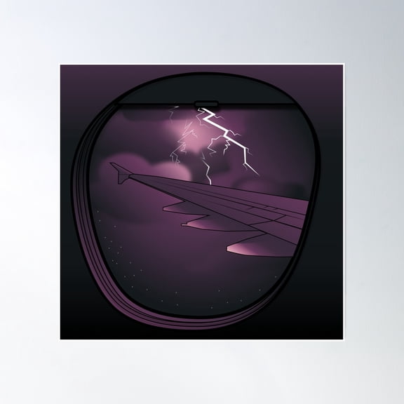 Airplane Window Lightning Night Time Sticker Poster Wall Art, Modern Wall Decor, 30x30 UNFRAMED
