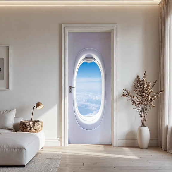 Airplane Window View Door Sticker, 3D Sky and Clouds Travel Theme Door Mural Decal