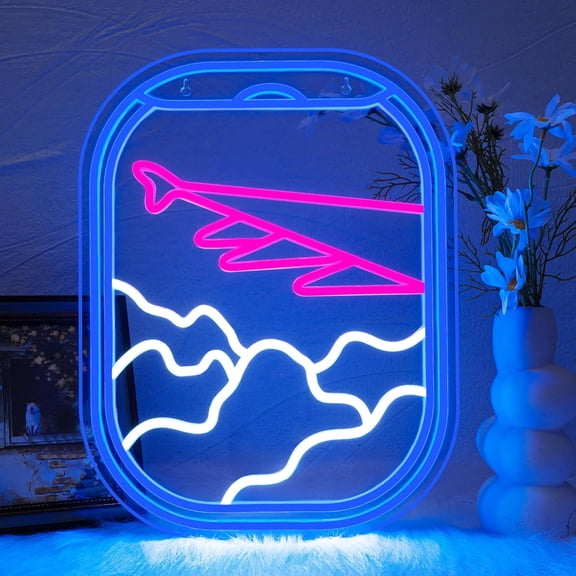 Airplane Window View Neon Signs Blue Neon Sign for Wall Decor, Plane Window Clouds Neon Light Up Signs for Room Room Office Shop Airport Wall Art Decor