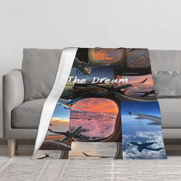 Airplane Window View Sunset Flannel Fleece Blanket, Cozy 280GSM Soft Throw Blanket for Couch Bed Sofa, Dream Aviation Airplane Travel Collage Blanket Gift for Pilots Men Women