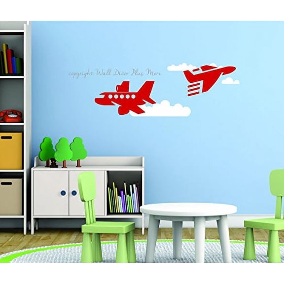 Airplane and Clouds Wall Decals, Vinyl Stickers for Boys Room or Playroom, Red Planes & White Clouds