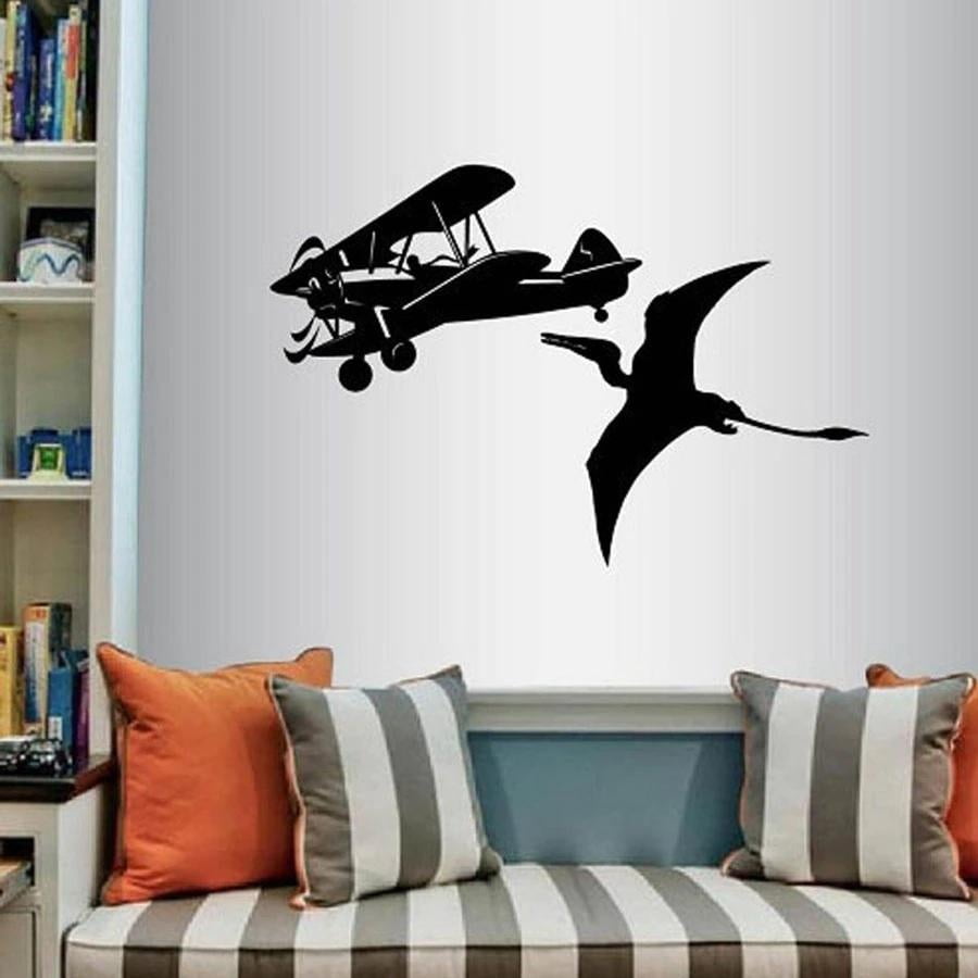 Airplane and Pterodactyl Wall Vinyl Decal Aircraft Art Sticker Plane Dinosaur Boys Kids Nursery Bedroom Playroom Wall Decor 57x84cm