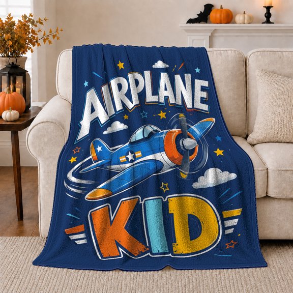 Airplane family Dynamic Flight Cartoon Illustration, Cozy Typography Art Scene, Warm Flannel Blanket for Living Room and Reading Nook, Art Lovers Housewarming Gift, Artistic Home Decor
