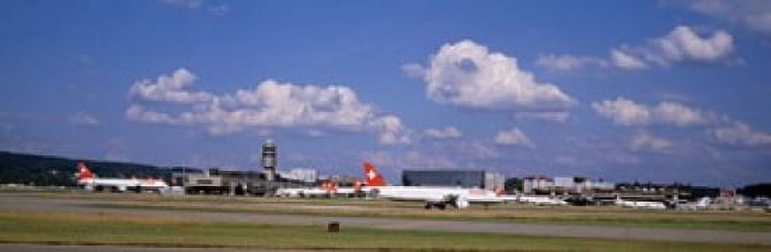 Airplane taking off Zurich Airport Kloten Zurich Switzerland Canvas Art - Panoramic Images (18 x 6)