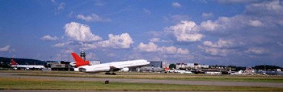 Airplane taking off Zurich Airport Kloten Zurich Switzerland Canvas Art - Panoramic Images (18 x 6)