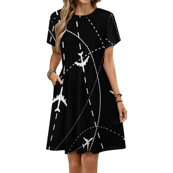 Airplanes Background with Trajectory Dress Fashion Beach Short Sleeve Dresses Female Party Printed Sundress