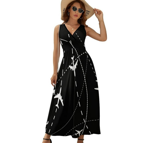 Airplanes Background with Trajectory Dress Fashion Boho Beach Long Dresses Female Party Printed Maxi Dress