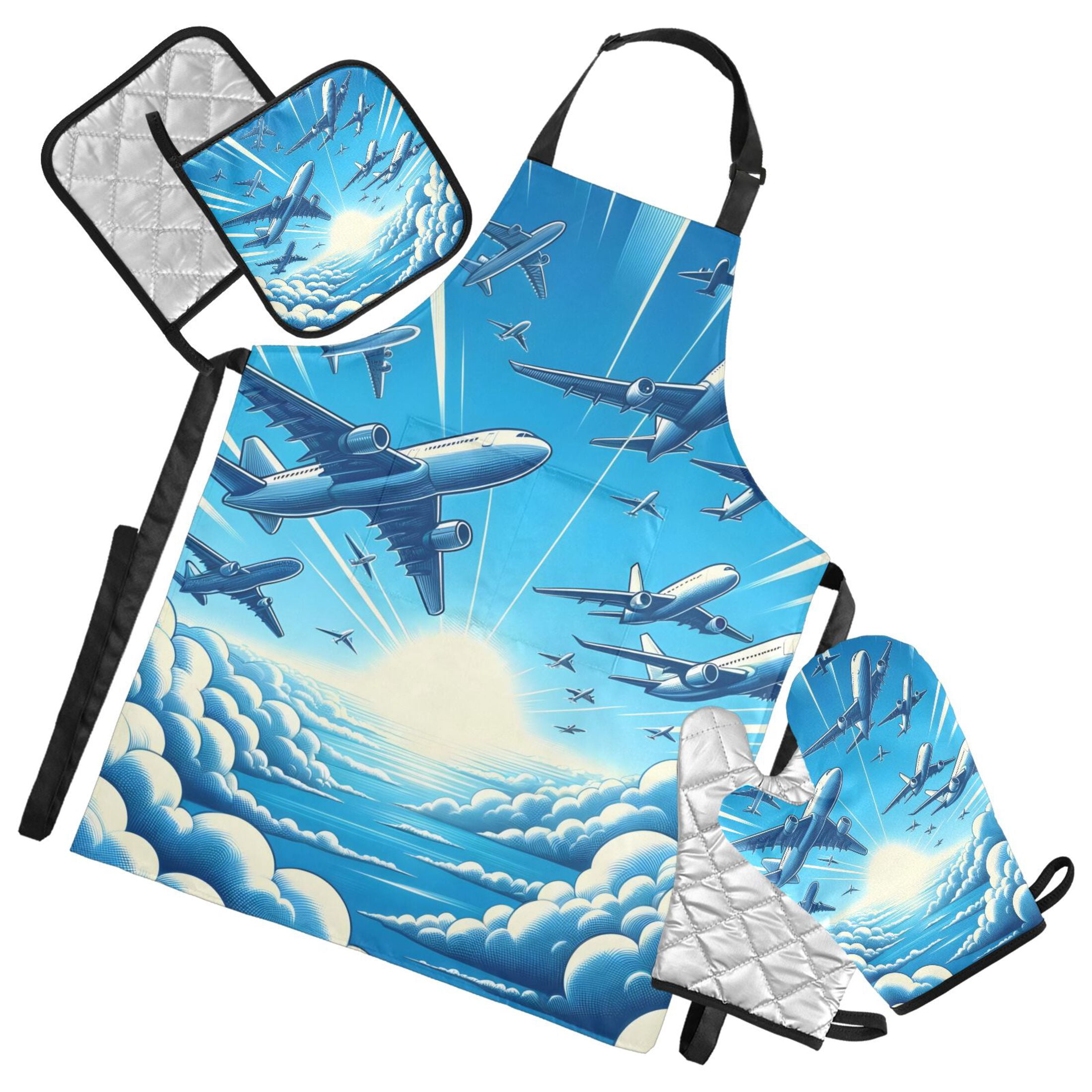 Airplanes Flying in Sky 5 Pcs Kitchen Set Heat Resistant Oven Mitts and Non-Slip Pot Holders with Adjustable Cooking Apron