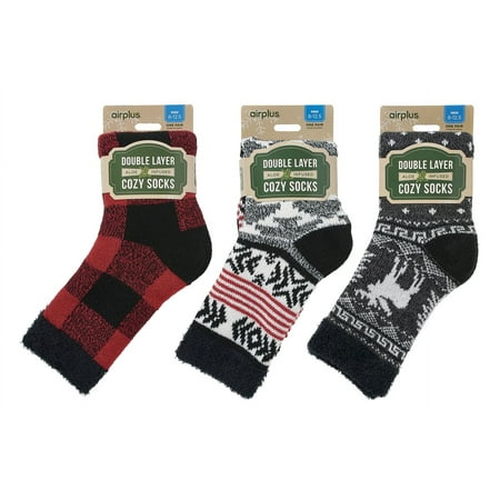 Airplus Holiday 3 Pack of Dual Layer Cozy Cabin Socks for Men Size 8-12.5,  Aloe Infused Warm, Fluffy Comfortable Socks , Great Outdoors