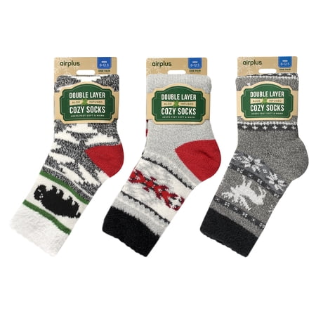 Airplus Dual Layer Holiday Crew Sock, Home for Christmas, Men's Large 3 Pack