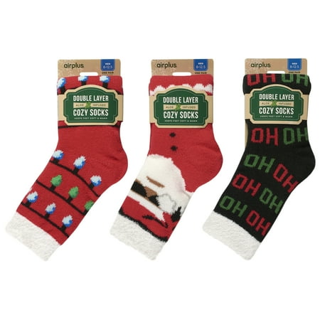 Airplus Dual Layer Holiday Men's Large Crew Socks, 3 Pack Assorted Santa, Lights, Ho Ho Ho, Fits Size 8-12.5