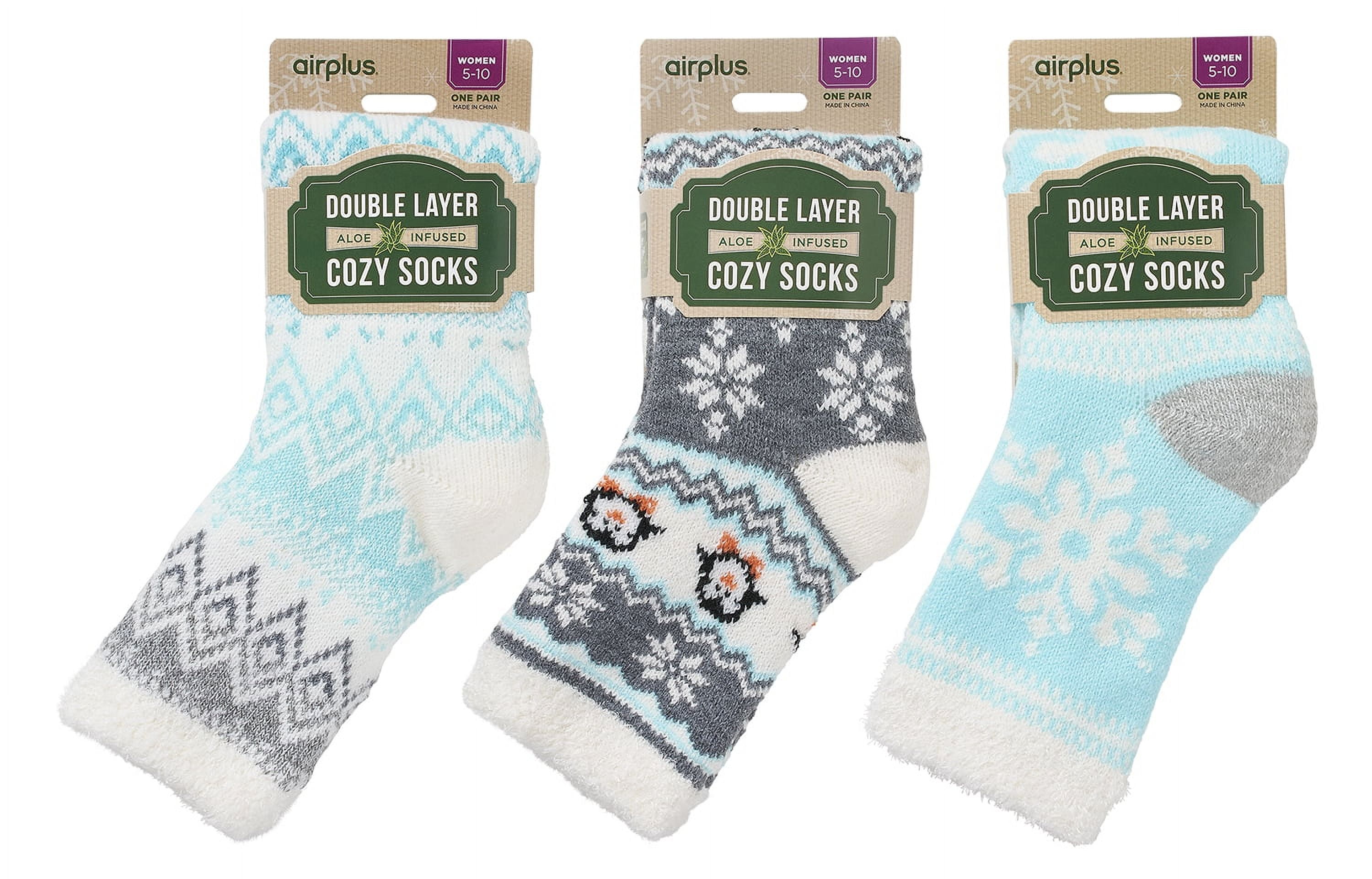 Airplus Holiday 3 Pack of Dual Layer Cozy Cabin Socks for Women Size 5-10,  Aloe Infused Fuzzy Fluffy Comfortable Socks in geometric patterns.