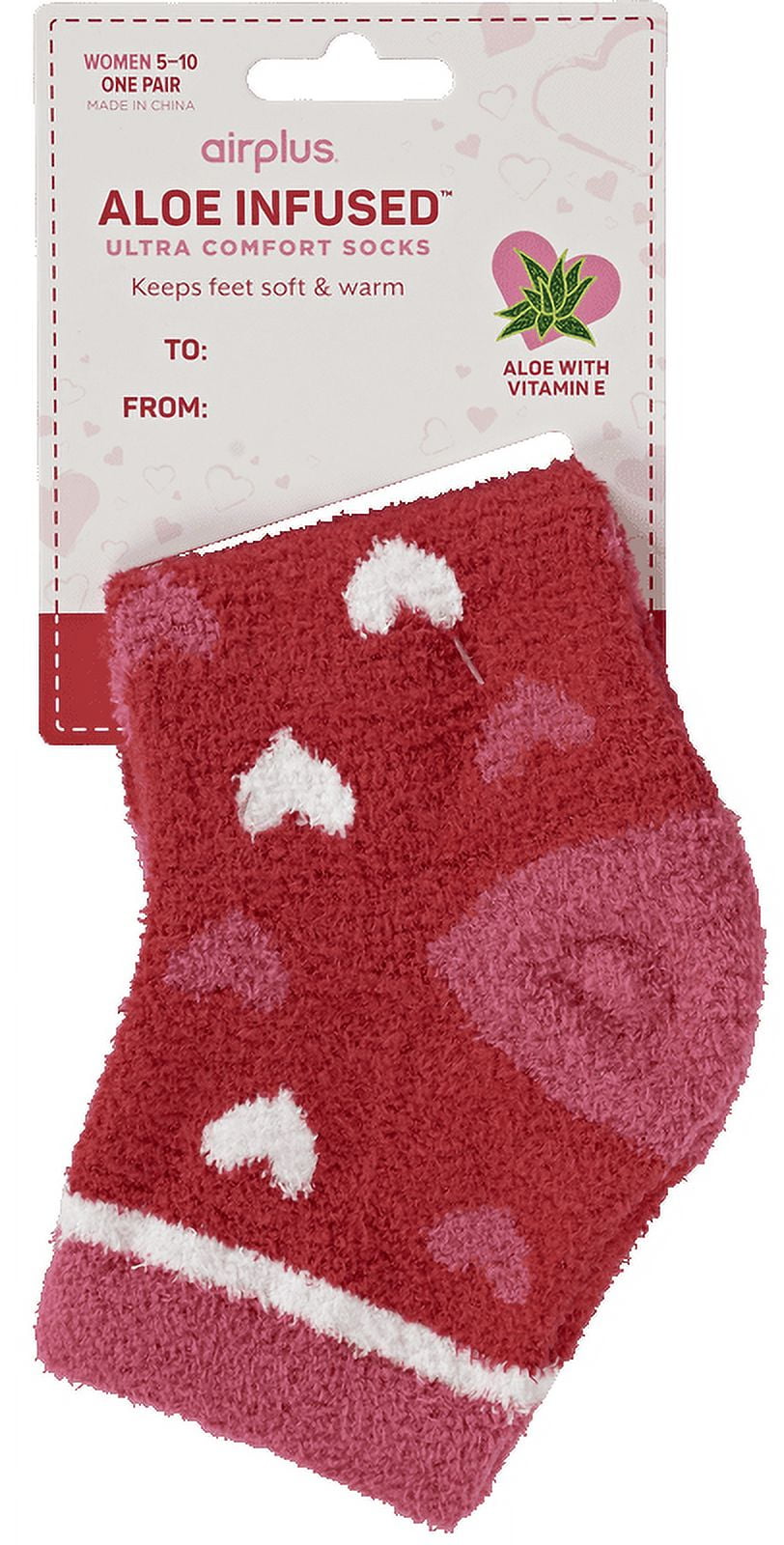 Airplus Valentine's Day Aloe Infused Spa Quarter Sock Red with Pink and White Hearts, Women's 5-10