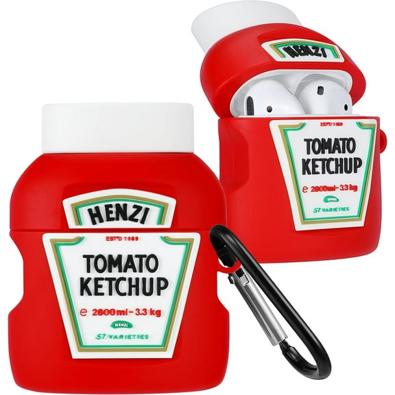 for Airpod 1&2 Case Cute Cartoon 3D Soft Silicone Air Pods Funny Cover Kawaii Fun Cool Keychain Design Shell Drink Fashion Stylish Girls Kids Teens Women Cases for Airpods (Ketchup)