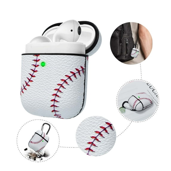 For Airpods 1 / Airpods 2 Case, Airpods Leather Case, Njjex Shockproof PC+PU Leather AirPods Accessories Headset Box Earphone with Cover Carabiner Keychain for Apple AirPods 1 & 2 -Baseball