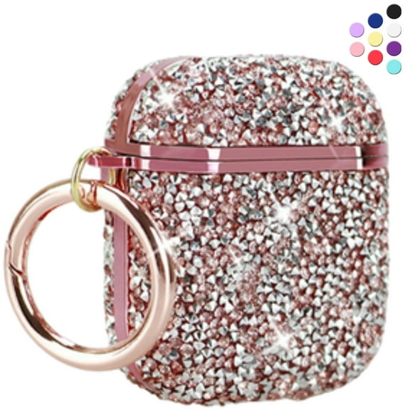 Airpods 2/1 Case Rhinestone Glitter For Women,Girls Case Cover for Apple AirPods 2/1 Charging Case with Clip Hook, Rose