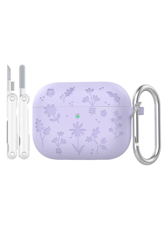 for Airpods 4 Case Cover with Cleaner Kit, Cute Flower Engraved Silicone Protective Dust-Resistant Cover with Keychain Compatible with Apple Airpods 4 Case 2024, Iavender