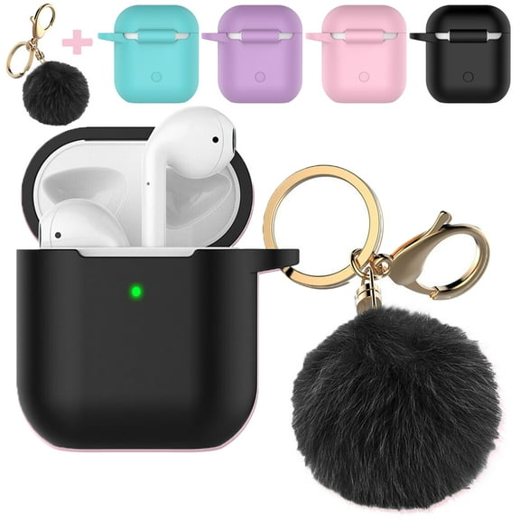 Airpods Case, Full Protective Silicone AirPods Accessories Cover with Fur Ball for Apple AipPods 1st Wireless and Wired Charging Case(Front LED Visible),Black