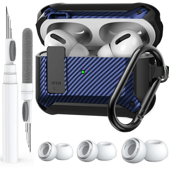 Airpods Pro 2/Pro Case Lock with Cleaner kit&Replacement Ear Tips(S/M/L), Rugged AirPod Pro 2nd/1st Generation Protective Cover for iPod Pro Gen 2023/2022/2019 with Keychain, Black/Blue