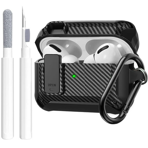 Airpods Pro 2nd/1st Generation Case Lock with Cleaning Kit, OTOPO Protective Cover for Airpod Pro 2 Gen Case Women, Shockproof Rugged Shell for AirPod Pro Case 2023/2022/2019, Carbon Fiber Black