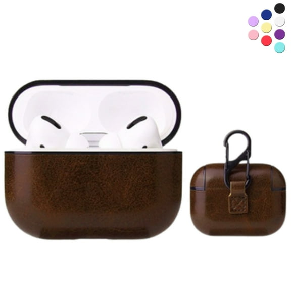 Airpods Pro Case Leather Full Body Protective Case Cover for Apple AirPods Pro Charging Case with Clip Hook, Brown