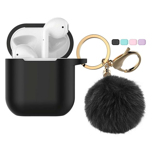 For Airpods Silicone Case fur Ball for Airpods 2nd, Tekcoo Protective Portable Silicone Cover Skin for Airpods 2 [Front LED Visible] Accessories w/ Golden Keychain - Coal Black