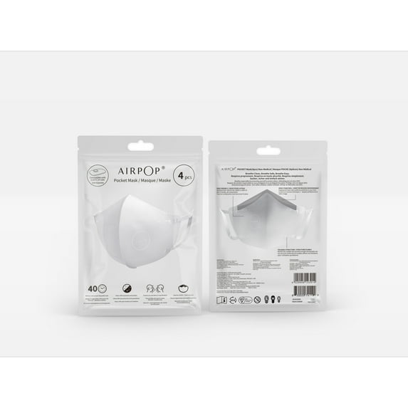 Airpop Pocket Face Masks Washable, Reusable and Adjustable to Fit (4 Pack) - White