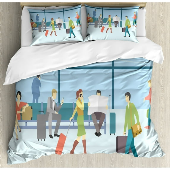Airport Duvet Cover Set King Size, Cartoon of People in Waiting Lounge View from Terminal with Landing Planes Print, Decorative 3 Piece Bedding Set with 2 Pillow Shams, Multicolor, by Ambesonne