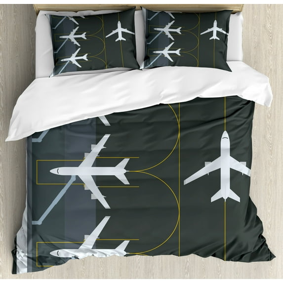 Airport Duvet Cover Set Queen Size, Aviation Themed Simple Illustration of Parked Airplanes Landed in Airfield, Decorative 3 Piece Bedding Set with 2 Pillow Shams, White Dimgray Fawn, by Ambesonne