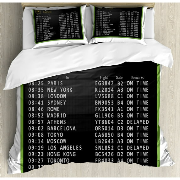 Airport Duvet Cover Set Queen Size, Digitally Generated Departure Board Flight Timetable List, Decorative 3 Piece Bedding Set with 2 Pillow Shams, White Charcoal Grey and Lime Green, by Ambesonne