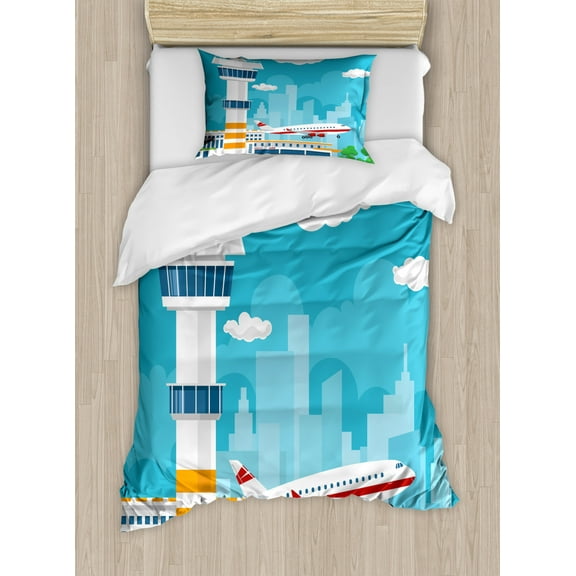 Airport Duvet Cover Set Twin Size, Nursery Themed Cartoon of Control Tower and Take Off Plane on City Silhouette, Decorative 2 Piece Bedding Set with 1 Pillow Sham, Multicolor, by Ambesonne