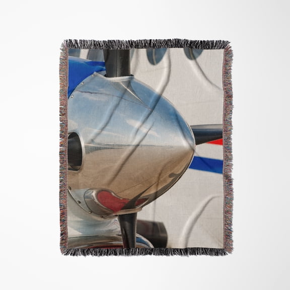 Airport Reflects In A Spinner Of A Modern Aircraft Turboprop Engine, Woven Blanket