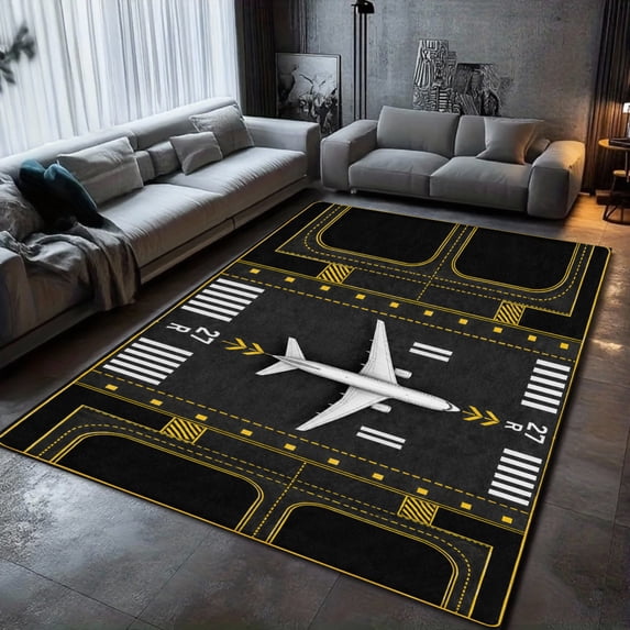 Airport Runway With Airplane And Yellow Markings Design Area Rug for ...