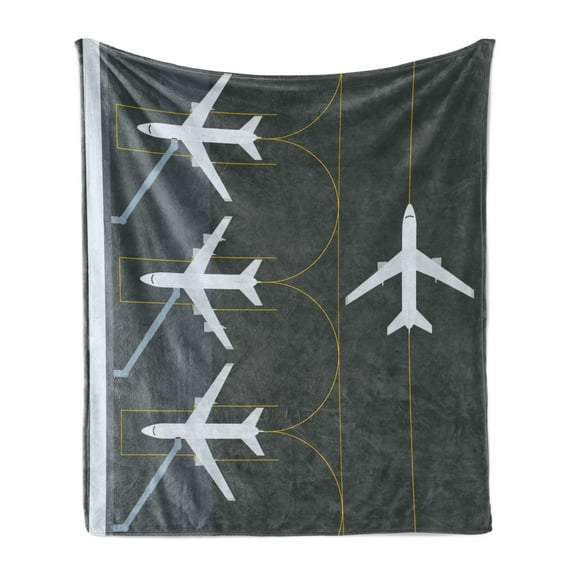 Airport Soft Flannel Fleece Blanket, Aviation Themed Simple Illustration of Parked Airplanes Landed in Airfield, Cozy Plush for Indoor and Outdoor Use, 60" x 80", White Dimgray Fawn, by Ambesonne
