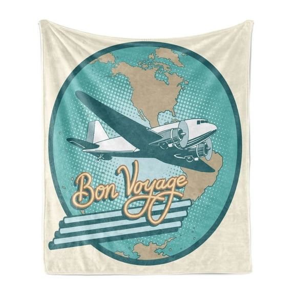 Airport Soft Flannel Fleece Throw Blanket, Abstract Vintage of Bon Voyage Text and Retro Plane on Globe, Cozy Plush for Indoor and Outdoor Use, 70" x 90", Ivory Cadet Blue, by Ambesonne