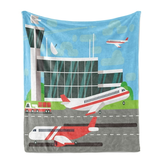 Airport Soft Flannel Fleece Throw Blanket, Air Trip Themed Simplistic Cartoonish Illustration of Runway Departure Plane, Cozy Plush for Indoor and Outdoor Use, 50" x 60", Multicolor, by Ambesonne