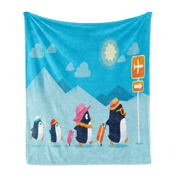 Airport Soft Flannel Fleece Throw Blanket, Cartoon of Funny Penguin Family Go to Tropical Holiday on Way to Airfield, Cozy Plush for Indoor and Outdoor Use, 50" x 60", Multicolor, by Ambesonne