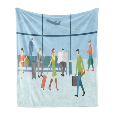 Airport Soft Flannel Fleece Throw Blanket, Cartoon of People in Waiting Lounge View from Terminal with Landing Planes Print, Cozy Plush for Indoor and Outdoor Use, 70" x 90", Multicolor, by Ambesonne