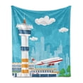 thumbnail image 1 of Airport Soft Flannel Fleece Throw Blanket, Nursery Themed Cartoon of Control Tower and Take Off Plane on City Silhouette, Cozy Plush for Indoor and Outdoor Use, 50" x 60", Multicolor, by Ambesonne, 1 of 5