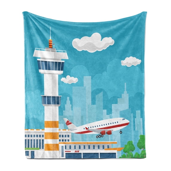 Airport Soft Flannel Fleece Throw Blanket, Nursery Themed Cartoon of Control Tower and Take Off Plane on City Silhouette, Cozy Plush for Indoor and Outdoor Use, 50" x 70", Multicolor, by Ambesonne