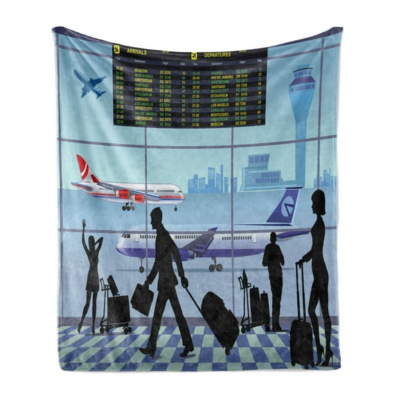 Airport Soft Flannel Fleece Throw Blanket, Planes and Flight Board with Silhouette of Passenger People Terminal Cartoon, Cozy Plush for Indoor and Outdoor Use, 60" x 80", Multicolor, by Ambesonne