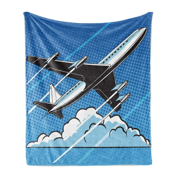 Airport Soft Flannel Fleece Throw Blanket, Pop Art Take Off Plane and Clouds on Polka Dots, Cozy Plush for Indoor and Outdoor Use, 70" x 90", Azure Blue Sky Blue, by Ambesonne