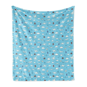 Airport Soft Flannel Fleece Throw Blanket, Repeating Pattern of Planes and Luggage on Sky, Cozy Plush for Indoor and Outdoor Use, 60" x 80", Sky Blue Multicolor, by Ambesonne